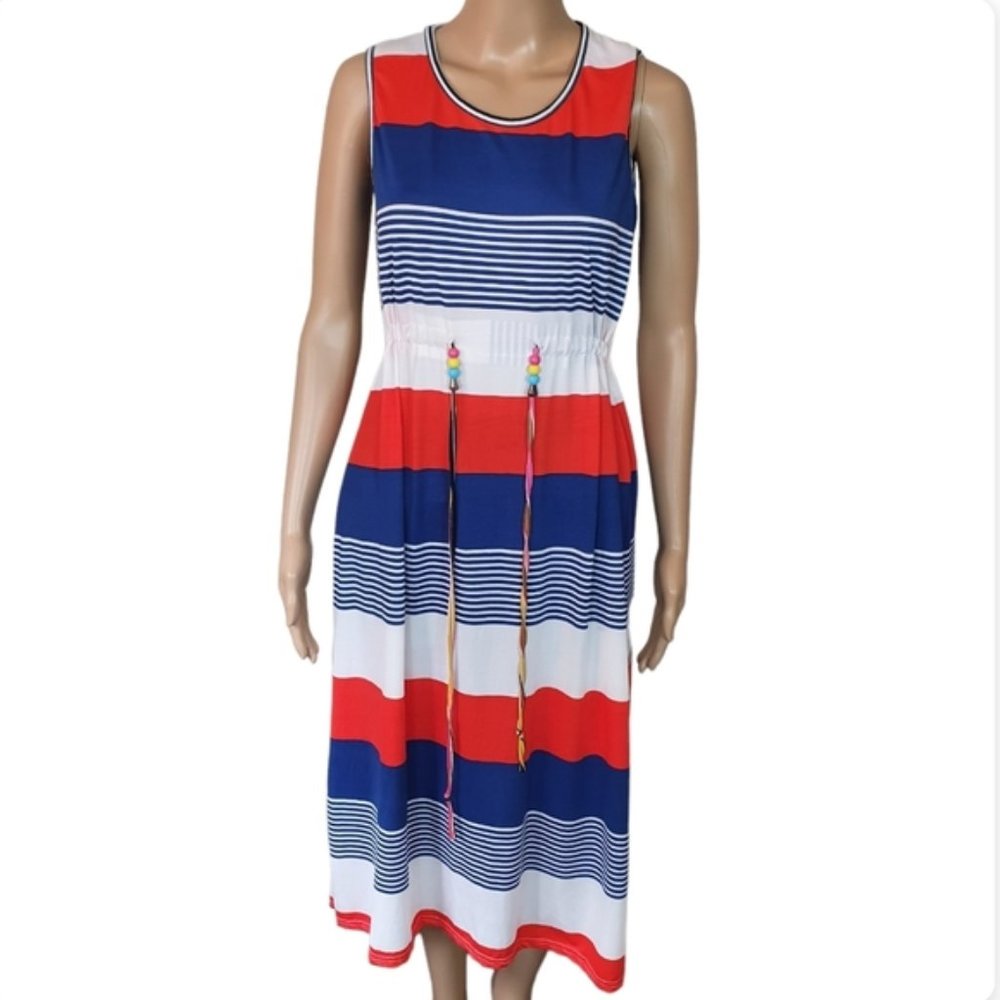 Vintage striped midi dress multicolour prairie Sze M ruffled hem tie waist